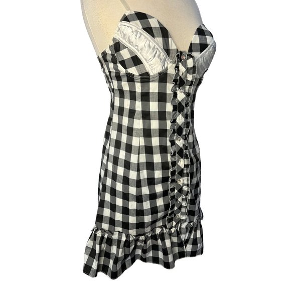 NWOT HERA Dress Large Black White Plaid Button Front Mini Stretch Ruffle - Picture 6 of 13